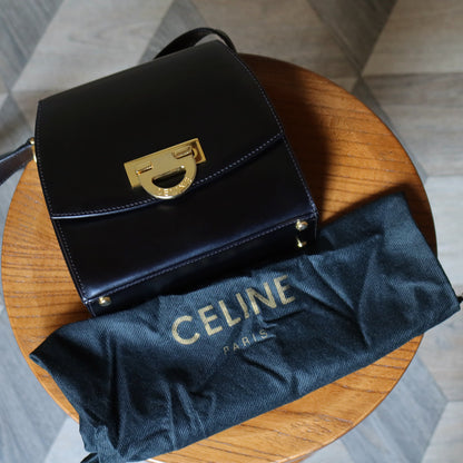 Celine Vintage Black box leather Gold Gancini Crossbody Flap Bag