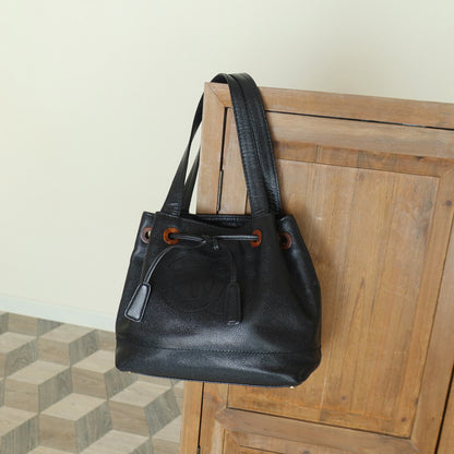 Chanel Vintage Black Caviar CC mark Wood resin Drawstring Weekend Shoulder Bag