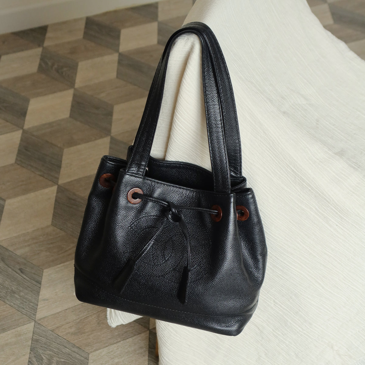 Chanel Vintage Black Caviar CC mark Wood resin Drawstring Weekend Shoulder Bag