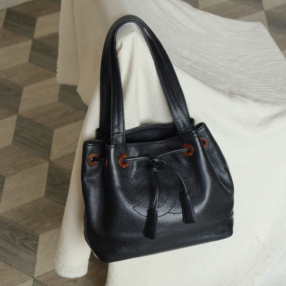 Chanel Vintage Black Caviar CC mark Wood resin Drawstring Weekend Shoulder Bag