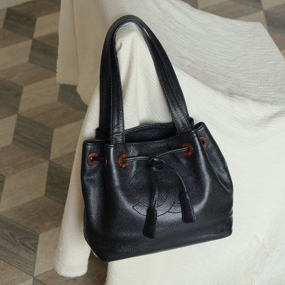 Chanel Vintage Black Caviar CC mark Wood resin Drawstring Weekend Shoulder Bag