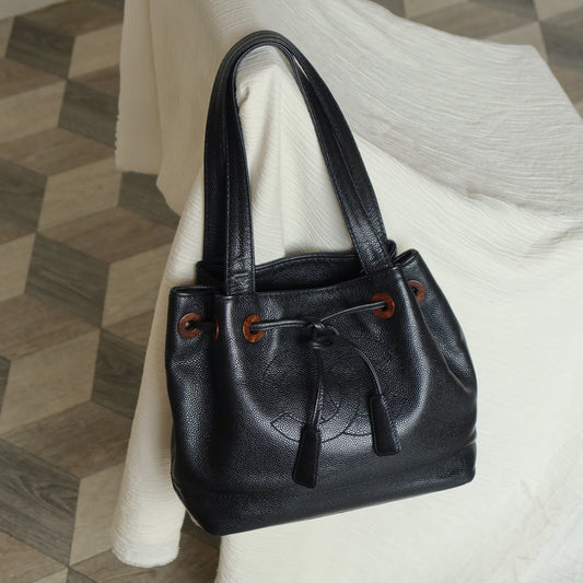 Chanel Vintage Black Caviar CC mark Wood resin Drawstring Weekend Shoulder Bag