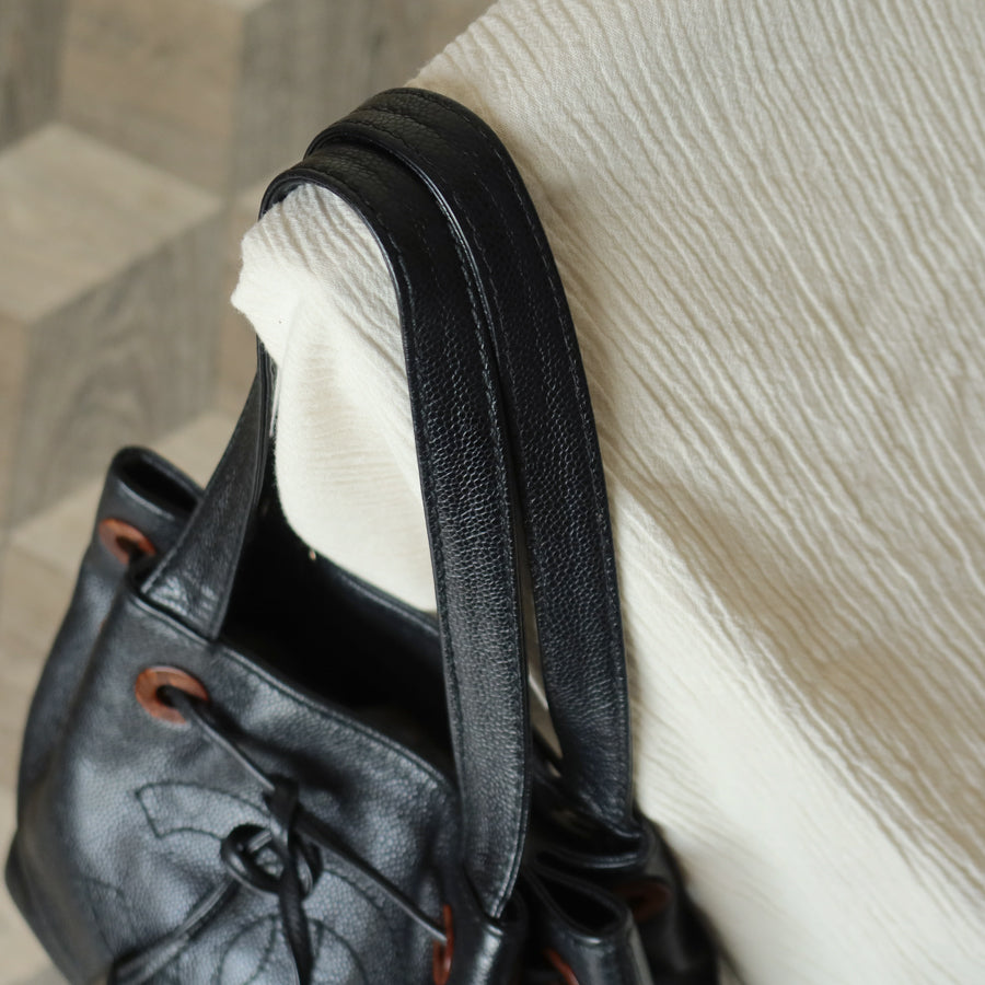 Chanel Vintage Black Caviar CC mark Wood resin Drawstring Weekend Shoulder Bag