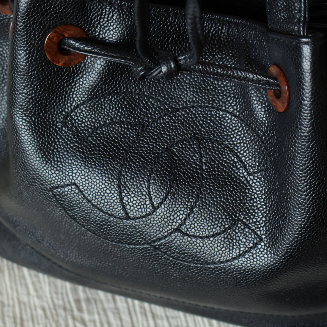 Chanel Vintage Black Caviar CC mark Wood resin Drawstring Weekend Shoulder Bag