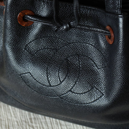 Chanel Vintage Black Caviar CC mark Wood resin Drawstring Weekend Shoulder Bag