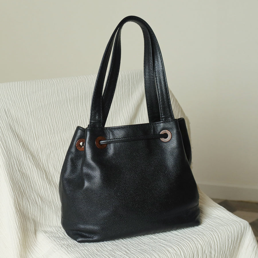 Chanel Vintage Black Caviar CC mark Wood resin Drawstring Weekend Shoulder Bag