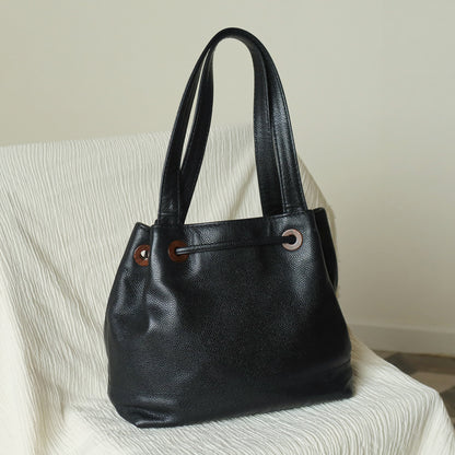 Chanel Vintage Black Caviar CC mark Wood resin Drawstring Weekend Shoulder Bag