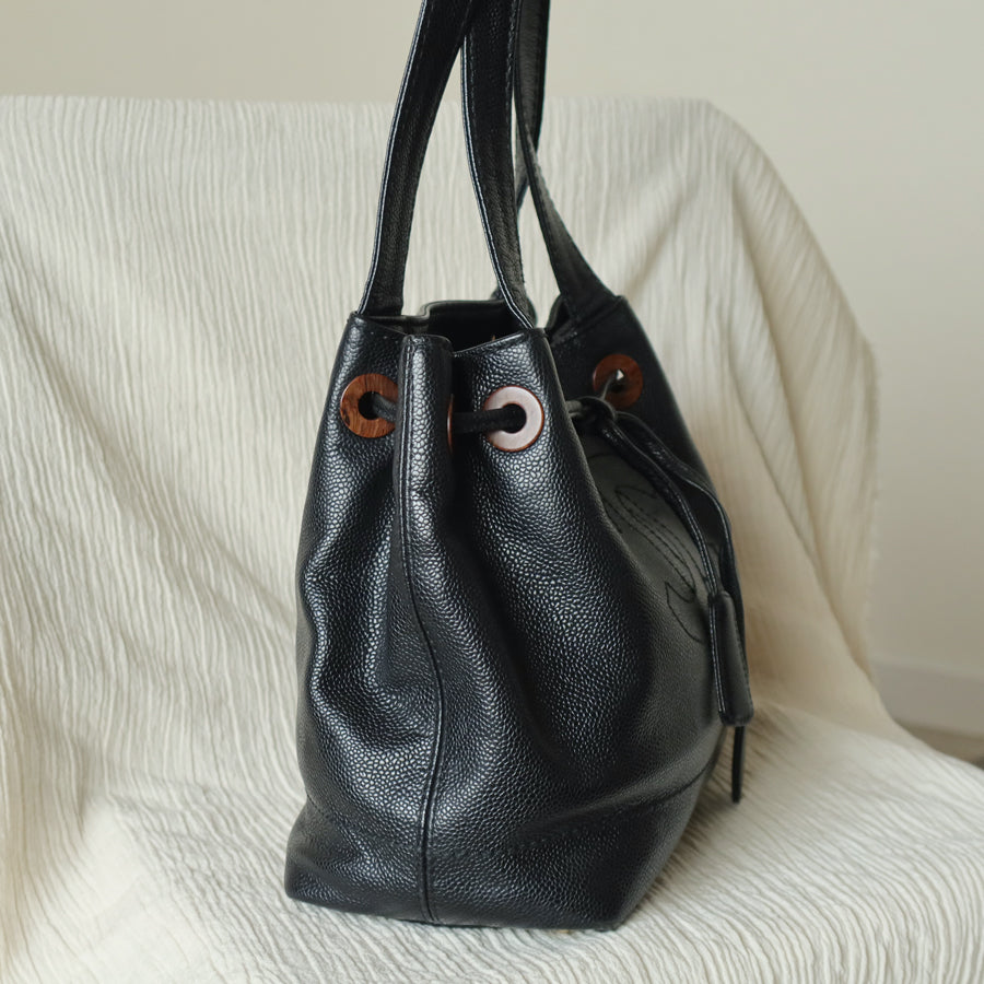 Chanel Vintage Black Caviar CC mark Wood resin Drawstring Weekend Shoulder Bag