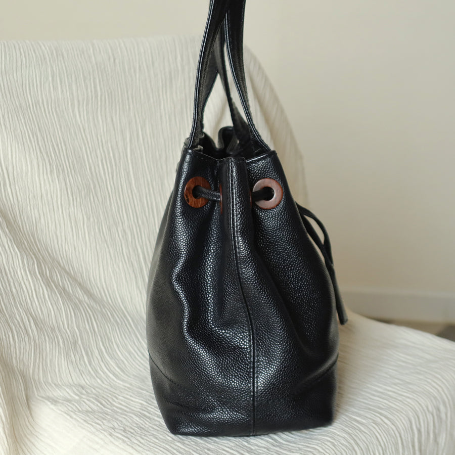 Chanel Vintage Black Caviar CC mark Wood resin Drawstring Weekend Shoulder Bag