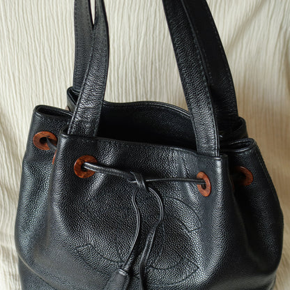 Chanel Vintage Black Caviar CC mark Wood resin Drawstring Weekend Shoulder Bag