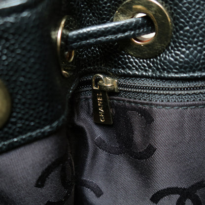 Chanel Vintage Black Caviar CC mark Wood resin Drawstring Weekend Shoulder Bag