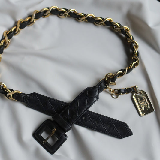 Chanel Vintage Black Quilted Leather Chain Belt with Charm