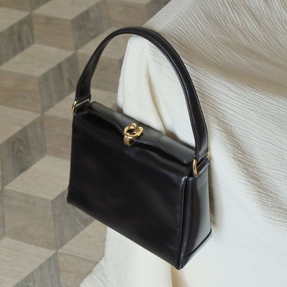 Gucci Vintage Black Calf Leather Gold Horsebit hardware 2way Bag