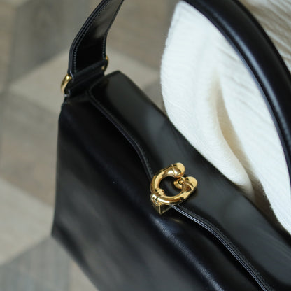 Gucci Vintage Black Calf Leather Gold Horsebit hardware 2way Bag