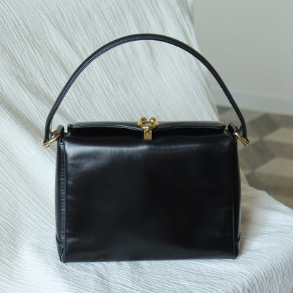Gucci Vintage Black Calf Leather Gold Horsebit hardware 2way Bag
