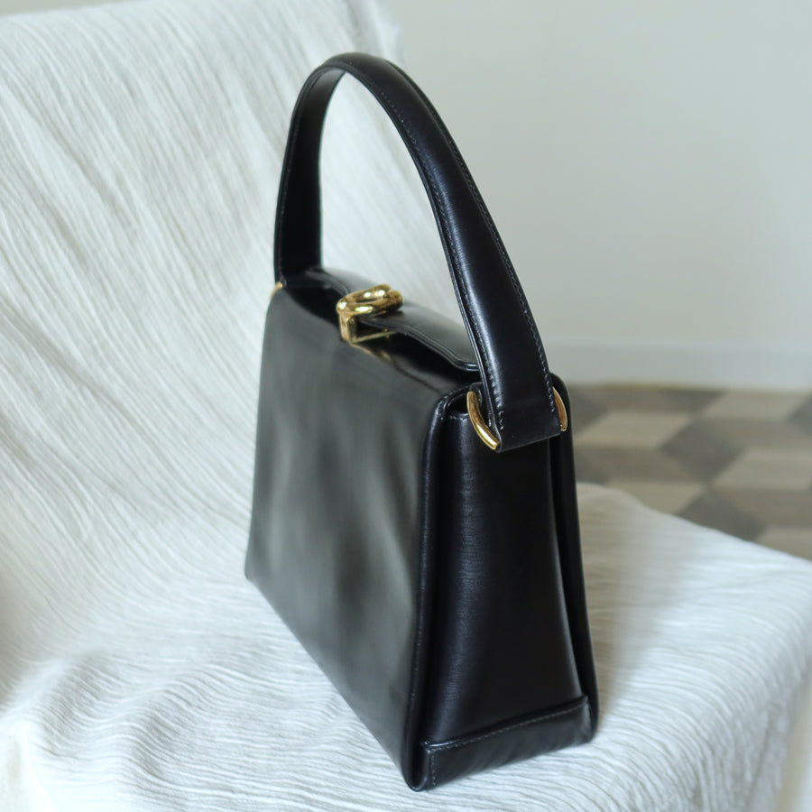 Gucci Vintage Black Calf Leather Gold Horsebit hardware 2way Bag
