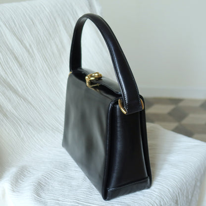 Gucci Vintage Black Calf Leather Gold Horsebit hardware 2way Bag