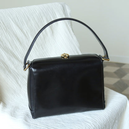 Gucci Vintage Black Calf Leather Gold Horsebit hardware 2way Bag