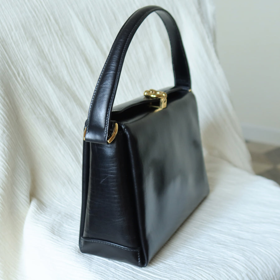 Gucci Vintage Black Calf Leather Gold Horsebit hardware 2way Bag