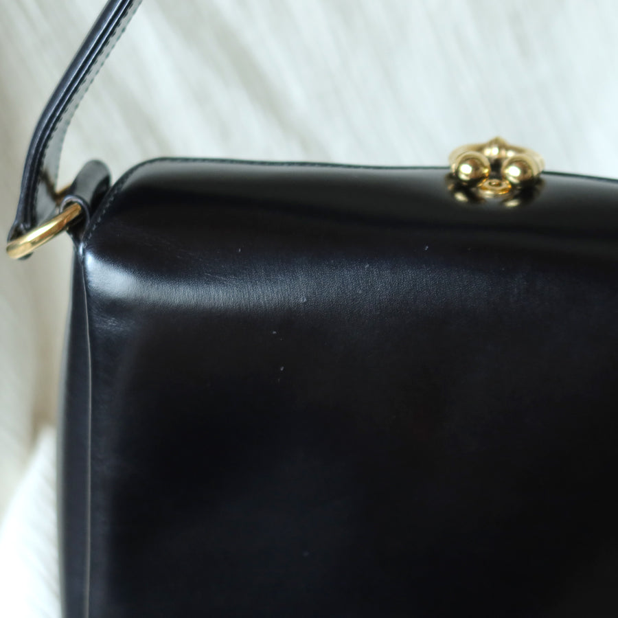 Gucci Vintage Black Calf Leather Gold Horsebit hardware 2way Bag