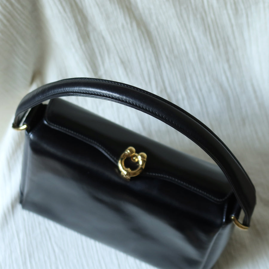 Gucci Vintage Black Calf Leather Gold Horsebit hardware 2way Bag