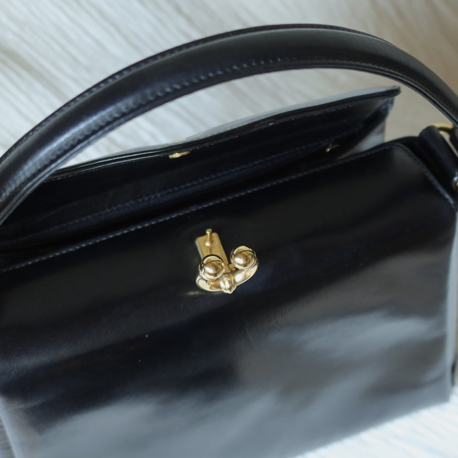 Gucci Vintage Black Calf Leather Gold Horsebit hardware 2way Bag