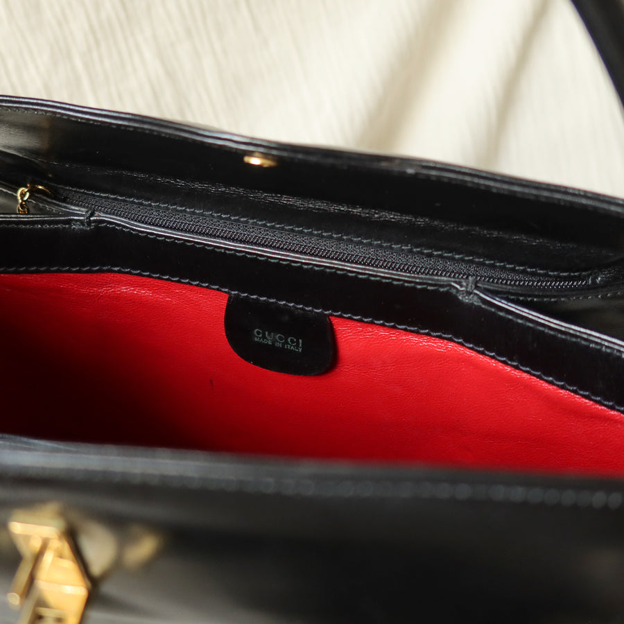 Gucci Vintage Black Calf Leather Gold Horsebit hardware 2way Bag