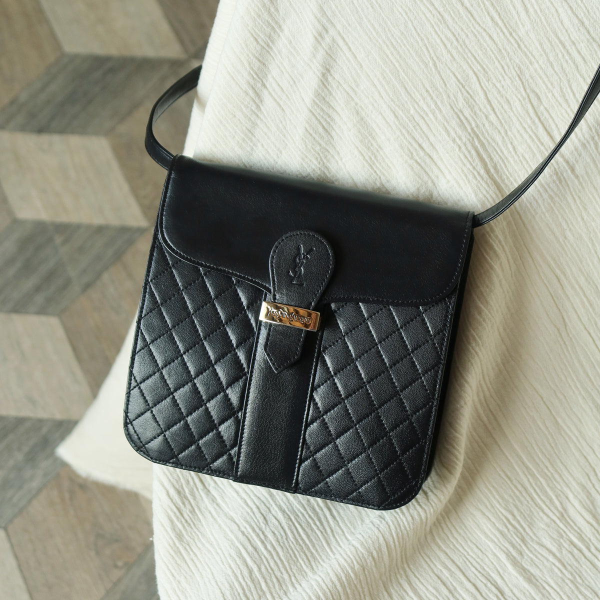 Yves Saint Laurent YSL Vintage Black Leather Quilted Gold Buckle Shoulder Flap bag S