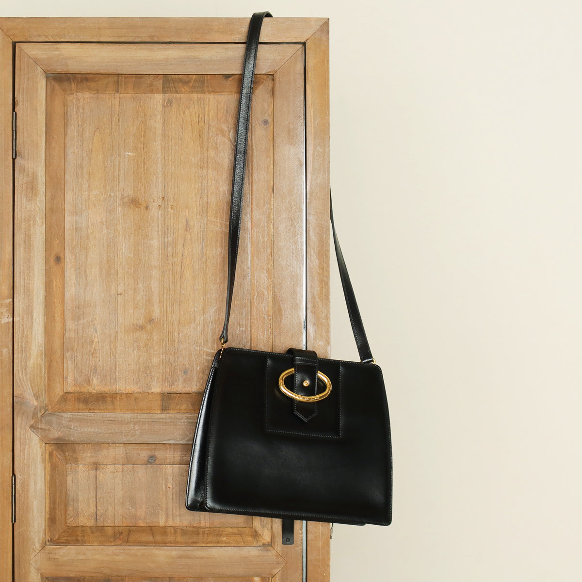 Christian Dior Vintage Black Calfskin CD Gold Ring Kiss lock 2way Shoulder Bag