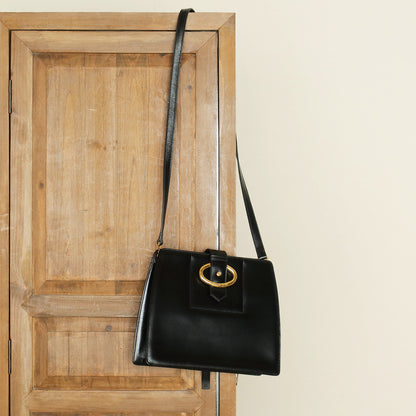 Christian Dior Vintage Black Calfskin CD Gold Ring Kiss lock 2way Shoulder Bag