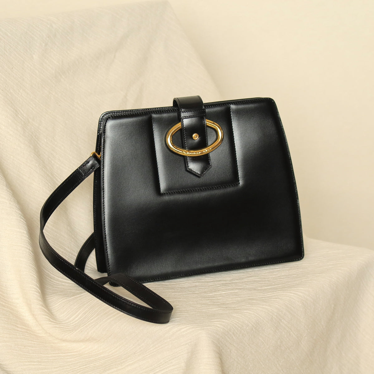 Christian Dior Vintage Black Calfskin CD Gold Ring Kiss lock 2way Shoulder Bag