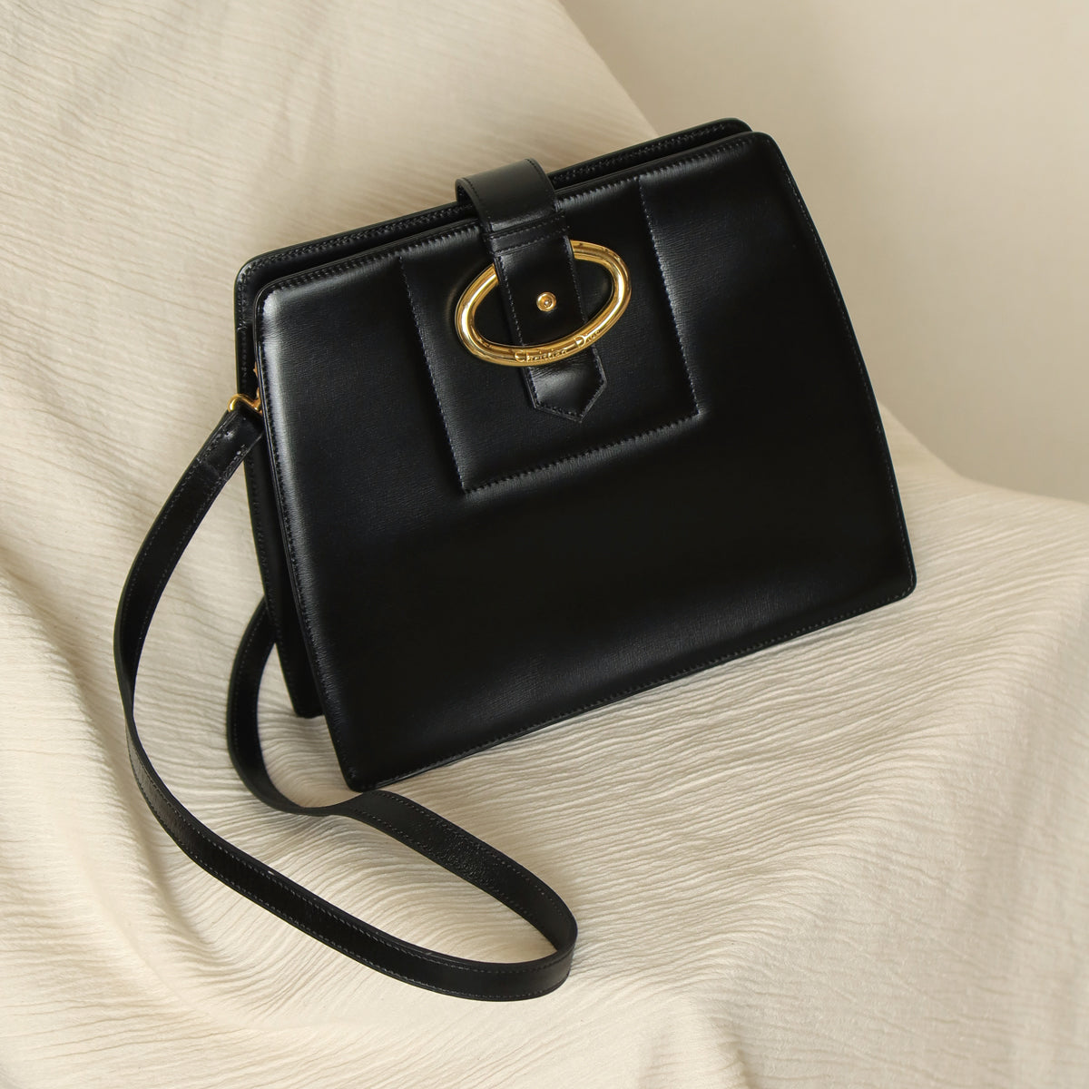 Christian Dior Vintage Black Calfskin CD Gold Ring Kiss lock 2way Shoulder Bag