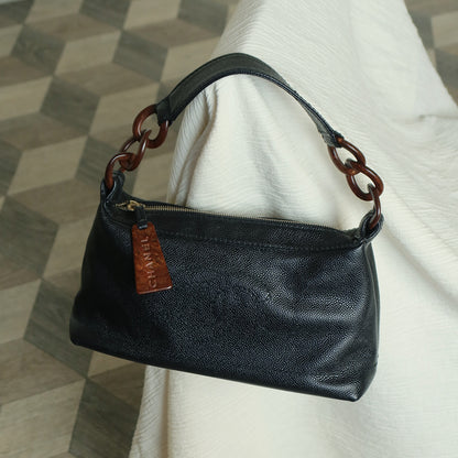 Chanel Vintage Black Caviar Leather Wood-resin Hobo Coco Mark Shoulder Bag S