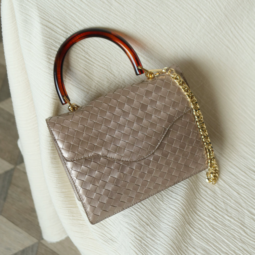 Bottega Veneta Vintage Shimmery Taupe Brown Intrecciato Leather 2way Mini Flap Bag