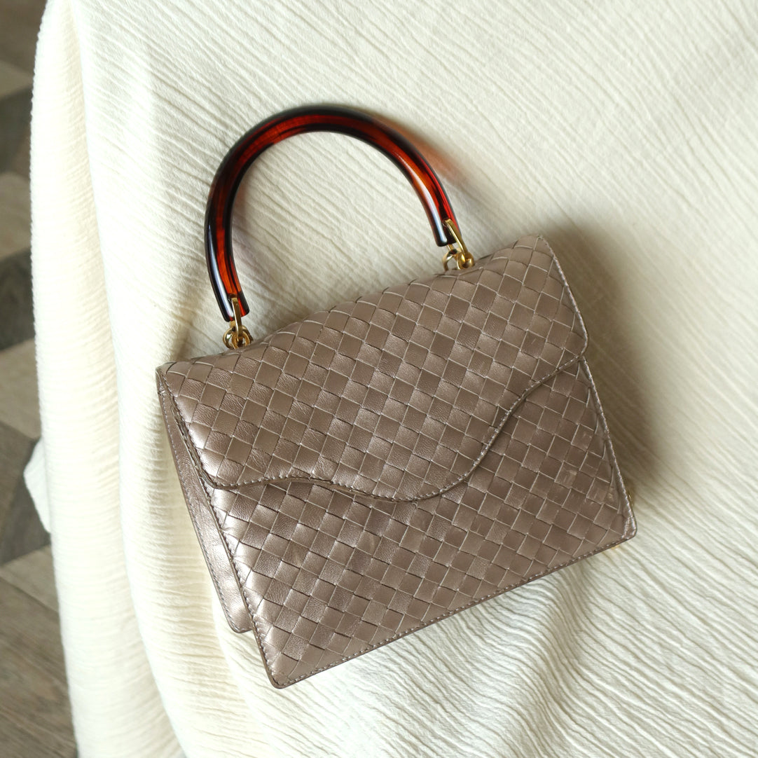 Bottega Veneta Vintage Shimmery Taupe Brown Intrecciato Leather 2way Mini Flap Bag