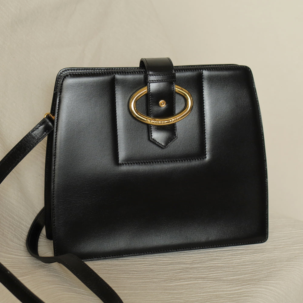 Christian Dior Vintage Black Calfskin CD Gold Ring Kiss lock 2way Shoulder Bag