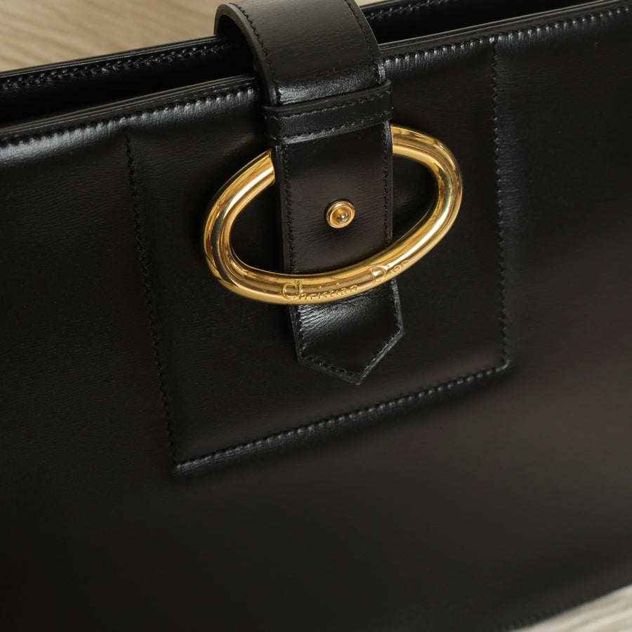 Christian Dior Vintage Black Calfskin CD Gold Ring Kiss lock 2way Shoulder Bag