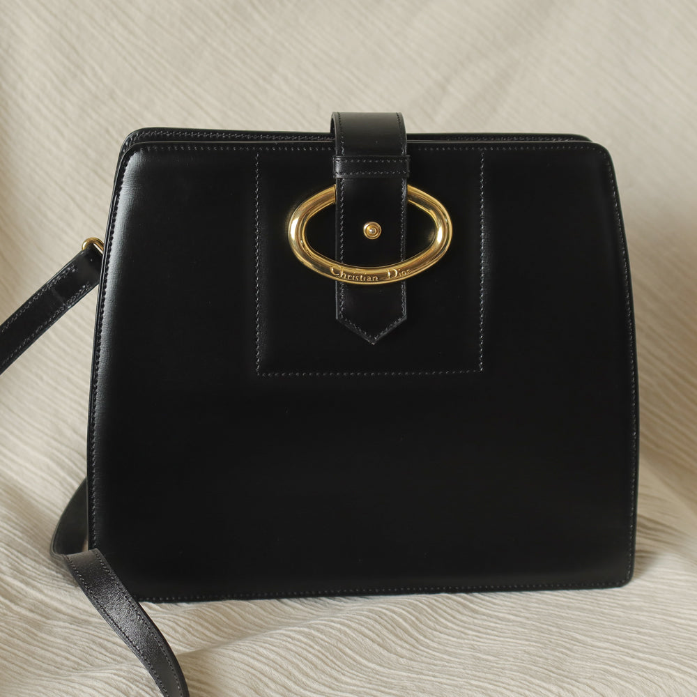 Christian Dior Vintage Black Calfskin CD Gold Ring Kiss lock 2way Shoulder Bag