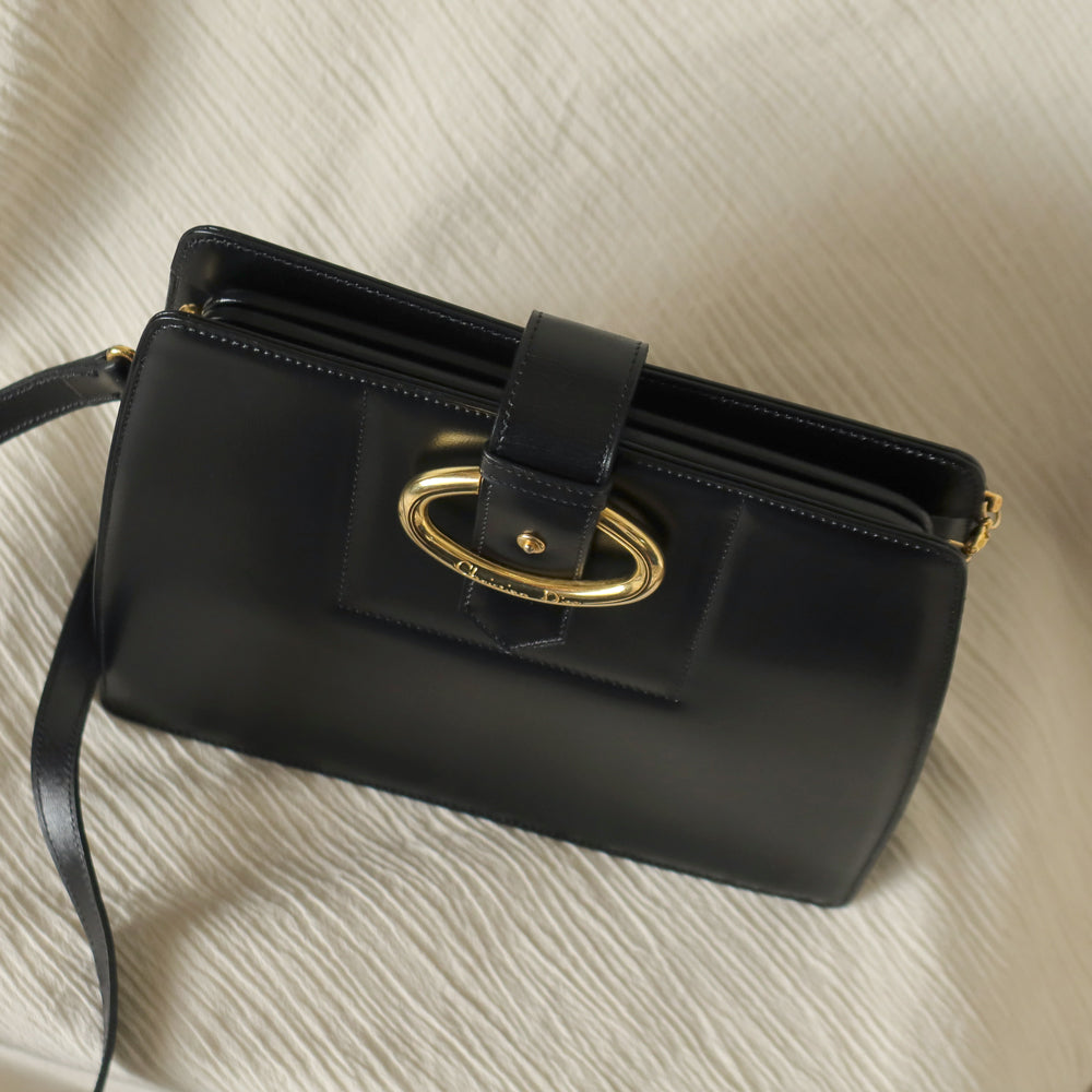 Christian Dior Vintage Black Calfskin CD Gold Ring Kiss lock 2way Shoulder Bag