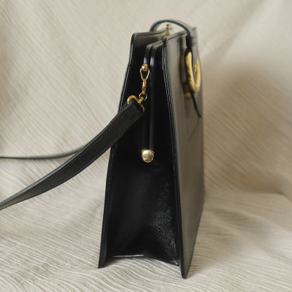 Christian Dior Vintage Black Calfskin CD Gold Ring Kiss lock 2way Shoulder Bag