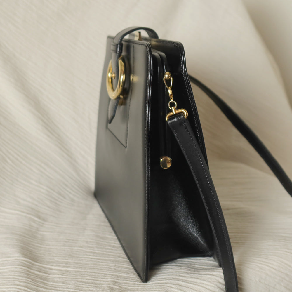 Christian Dior Vintage Black Calfskin CD Gold Ring Kiss lock 2way Shoulder Bag