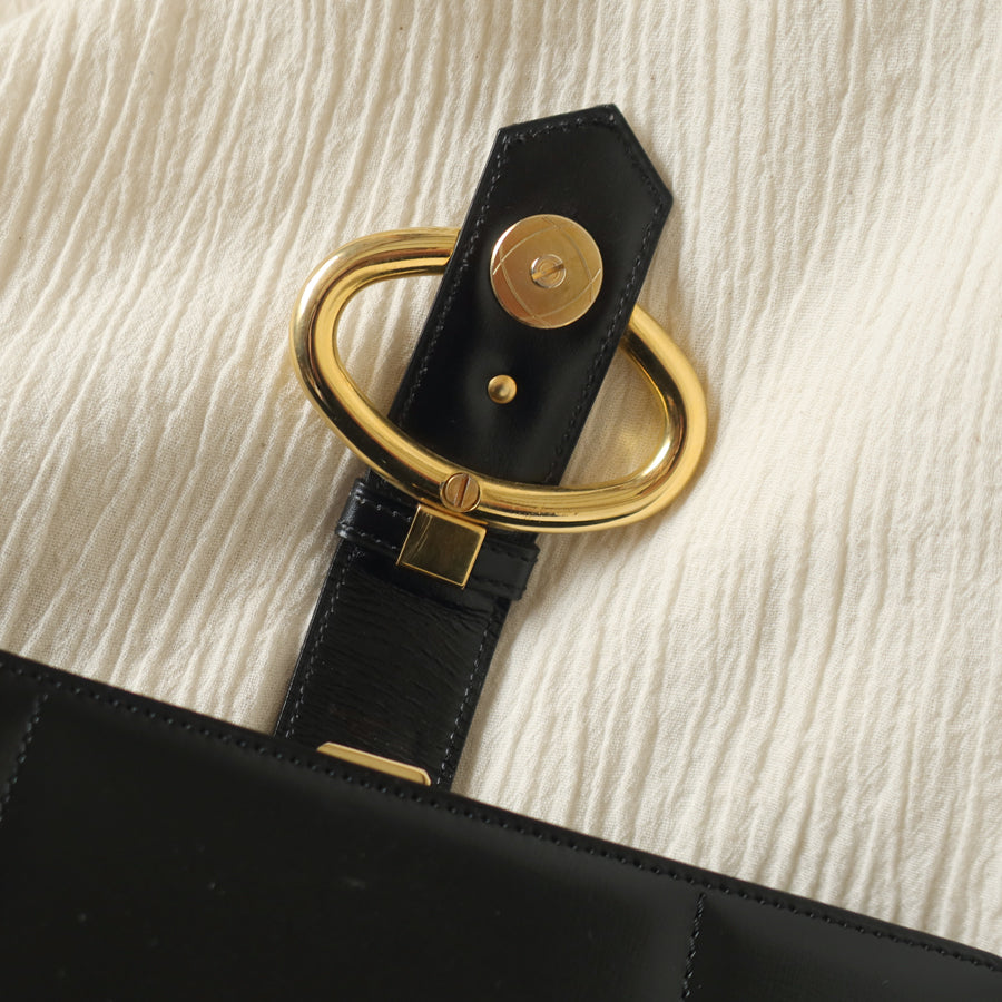 Christian Dior Vintage Black Calfskin CD Gold Ring Kiss lock 2way Shoulder Bag