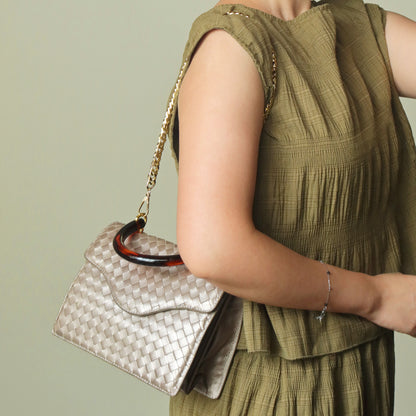 Bottega Veneta Vintage Shimmery Taupe Brown Intrecciato Leather 2way Mini Flap Bag