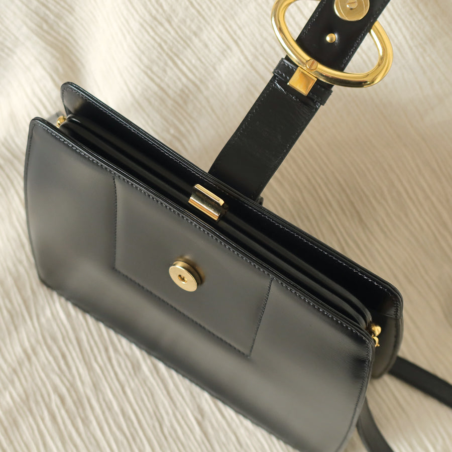 Christian Dior Vintage Black Calfskin CD Gold Ring Kiss lock 2way Shoulder Bag