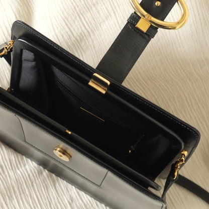 Christian Dior Vintage Black Calfskin CD Gold Ring Kiss lock 2way Shoulder Bag