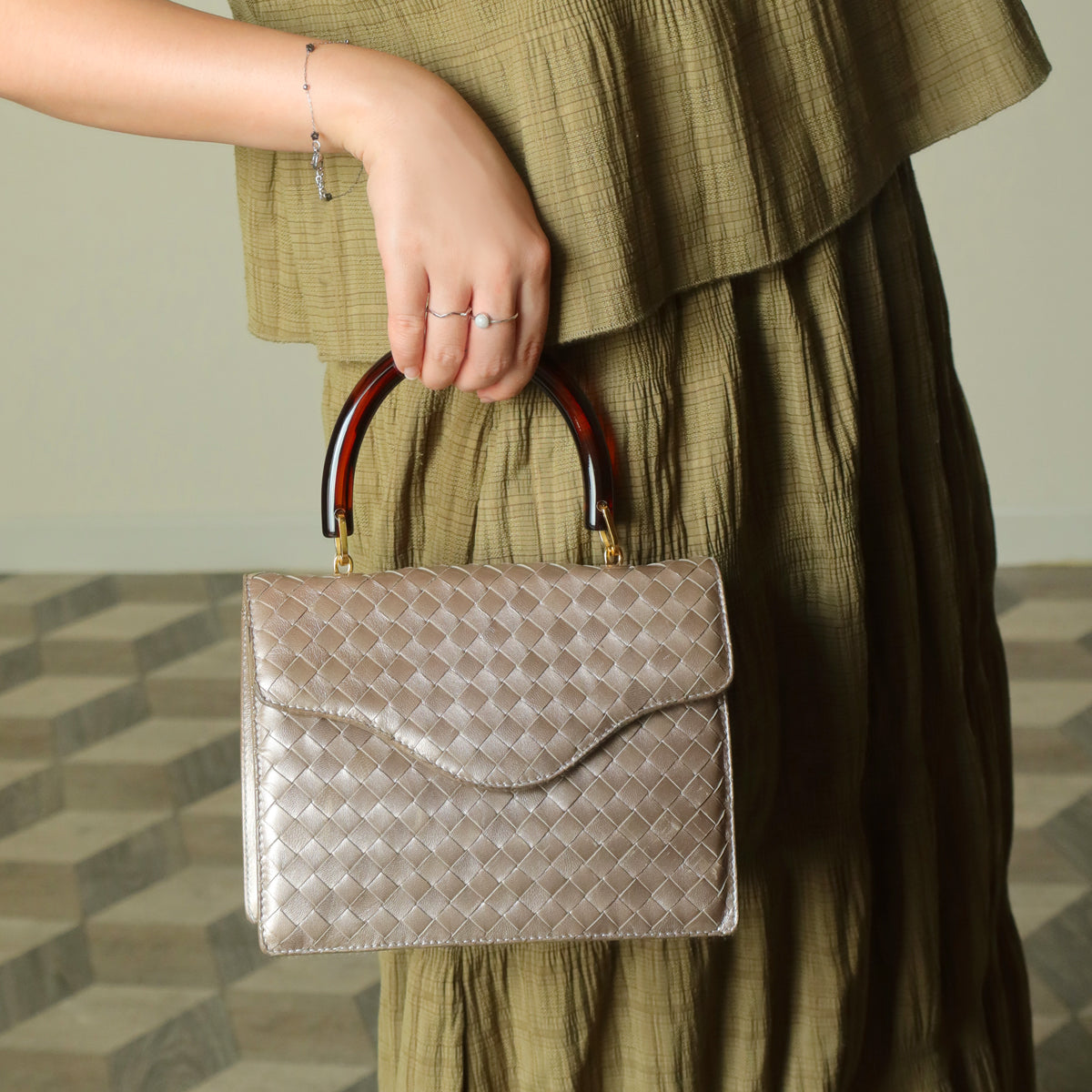 Bottega Veneta Vintage Shimmery Taupe Brown Intrecciato Leather 2way Mini Flap Bag