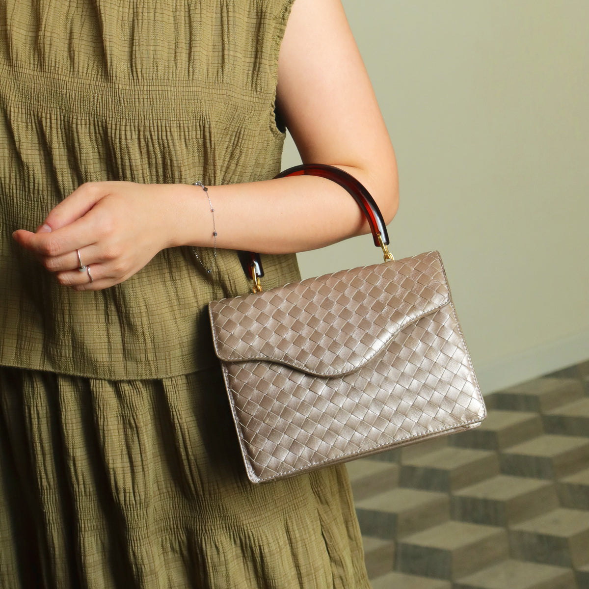 Bottega Veneta Vintage Shimmery Taupe Brown Intrecciato Leather 2way Mini Flap Bag