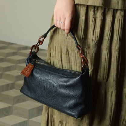 Chanel Vintage Black Caviar Leather Wood-resin Hobo Coco Mark Shoulder Bag S