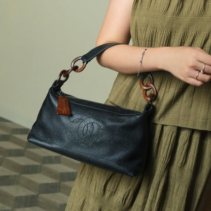 Chanel Vintage Black Caviar Leather Wood-resin Hobo Coco Mark Shoulder Bag S