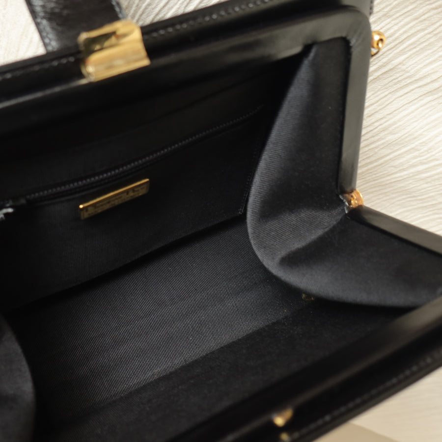 Christian Dior Vintage Black Calfskin CD Gold Ring Kiss lock 2way Shoulder Bag